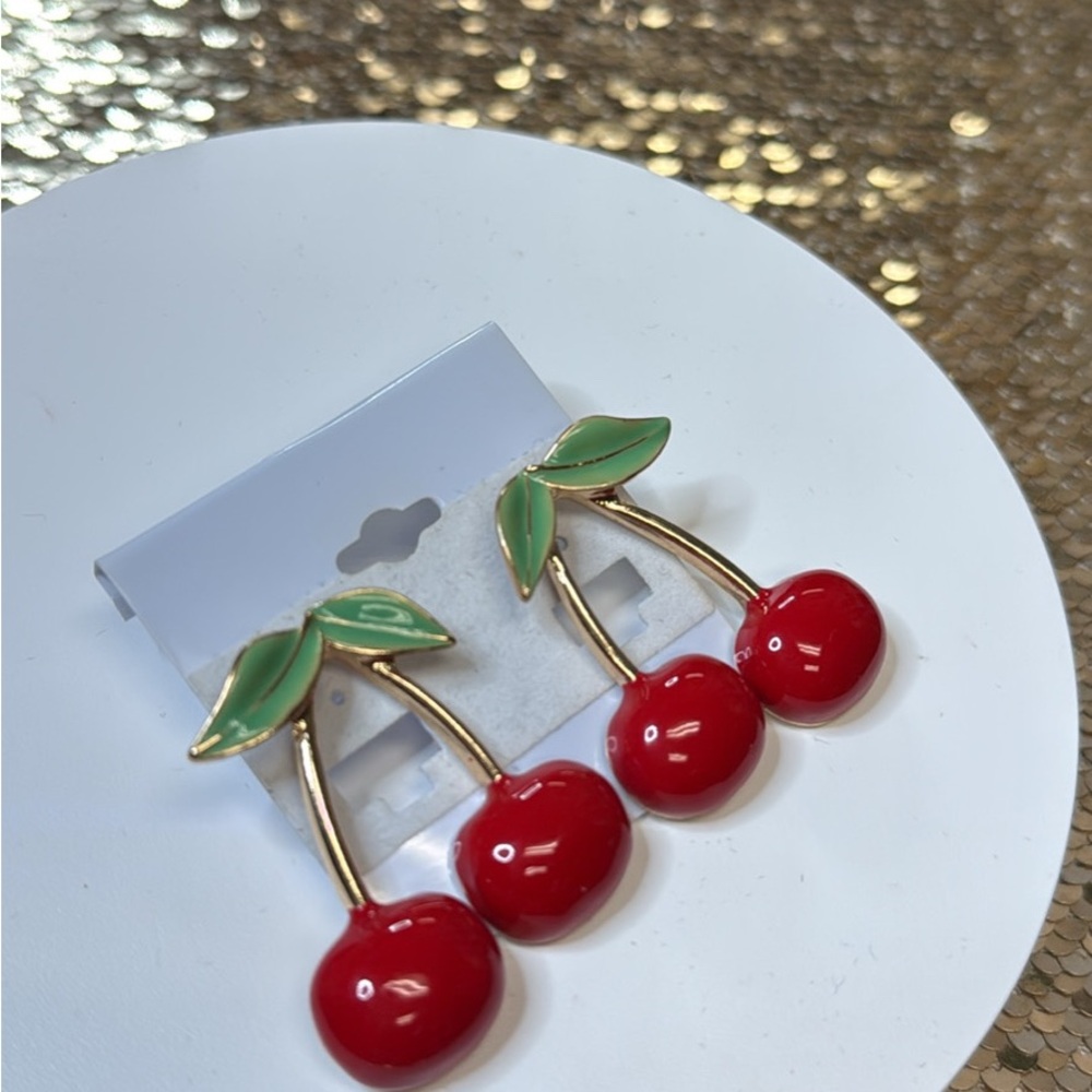 Red and Green Cherry Brooches with Enamel Leaf Detail